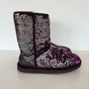 UGG Australia Classic Short Leather Purple Sequin Sheepskin Ankle Boots, 8